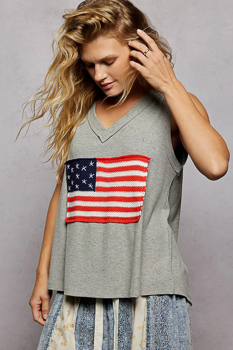 V-Neck Ribbed Tank with American Flag Patch and Star Back Patch, image 3