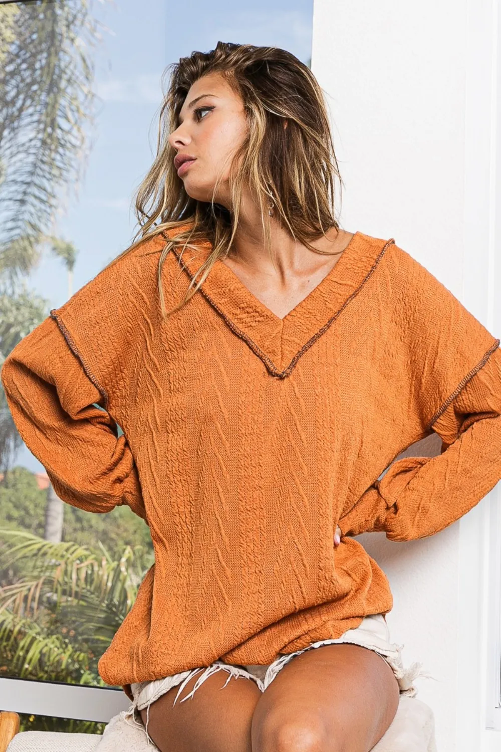 Textured Exposed Seam Drop Shoulder Knit Top, image 2