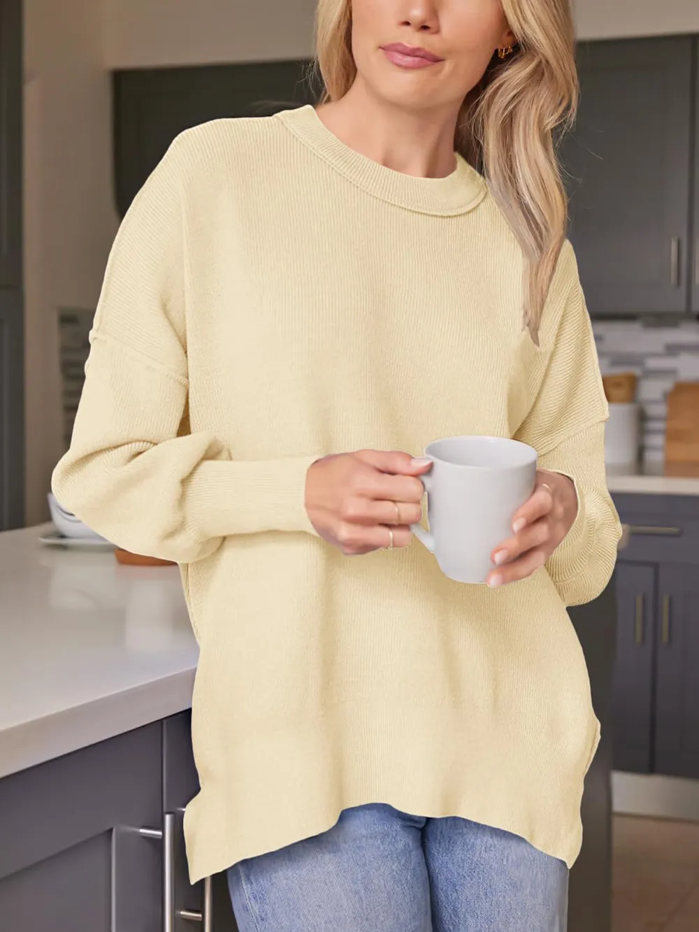 Slit Round Neck Dropped Shoulder Sweater, image 14