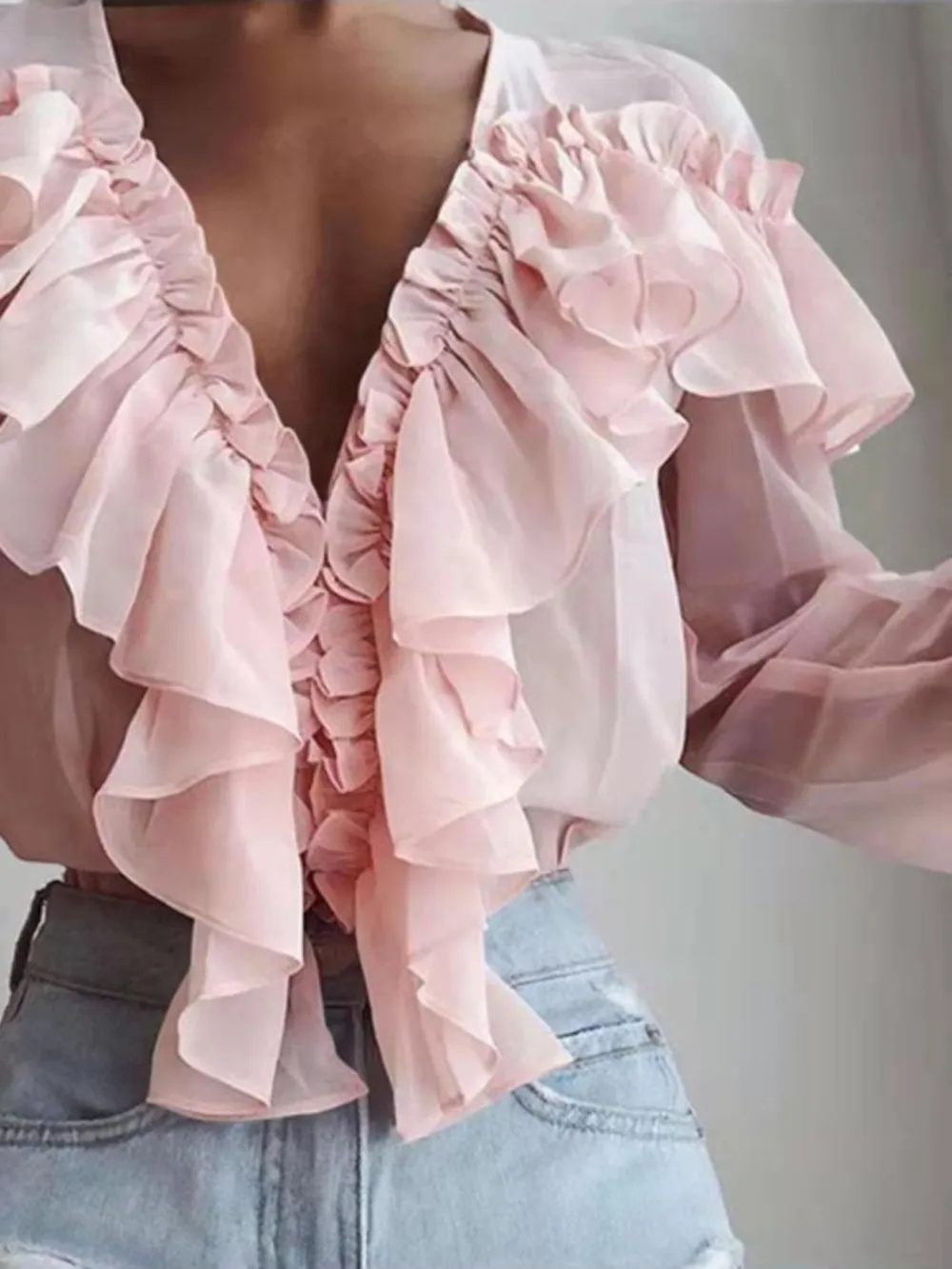 Ruffled V-Neck Long Sleeve Blouse, image 4