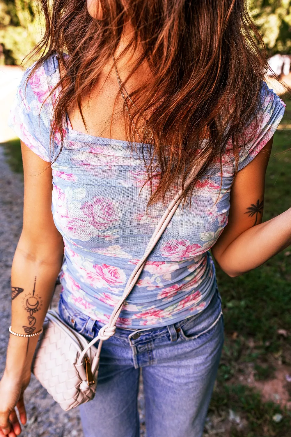 Square Neck Cap Sleeve Ruched Floral Mesh Top, image 5
