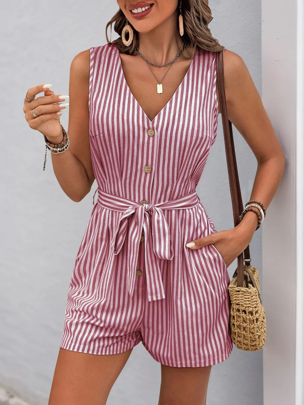 Striped V-Neck Tie Waist Romper, image 5