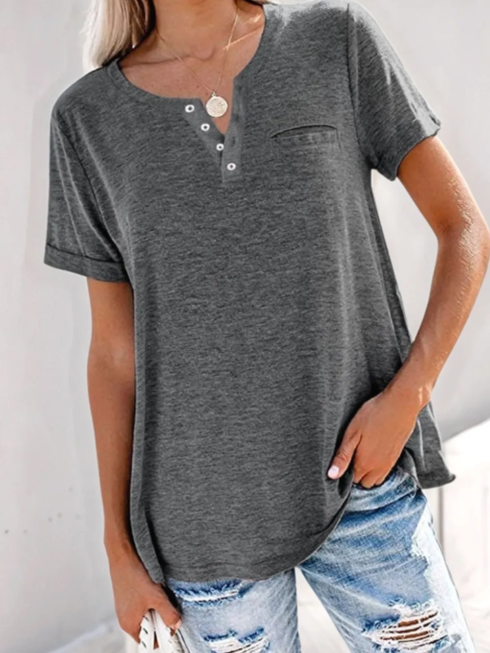 Full Size Notched Short Sleeve T-Shirt Plus Size, image 10