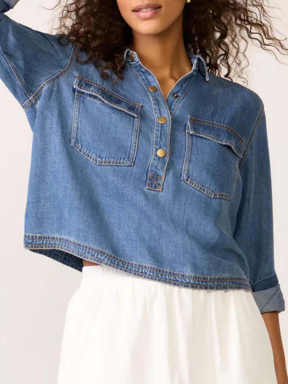 Half Snap Cropped Denim Top, image 3