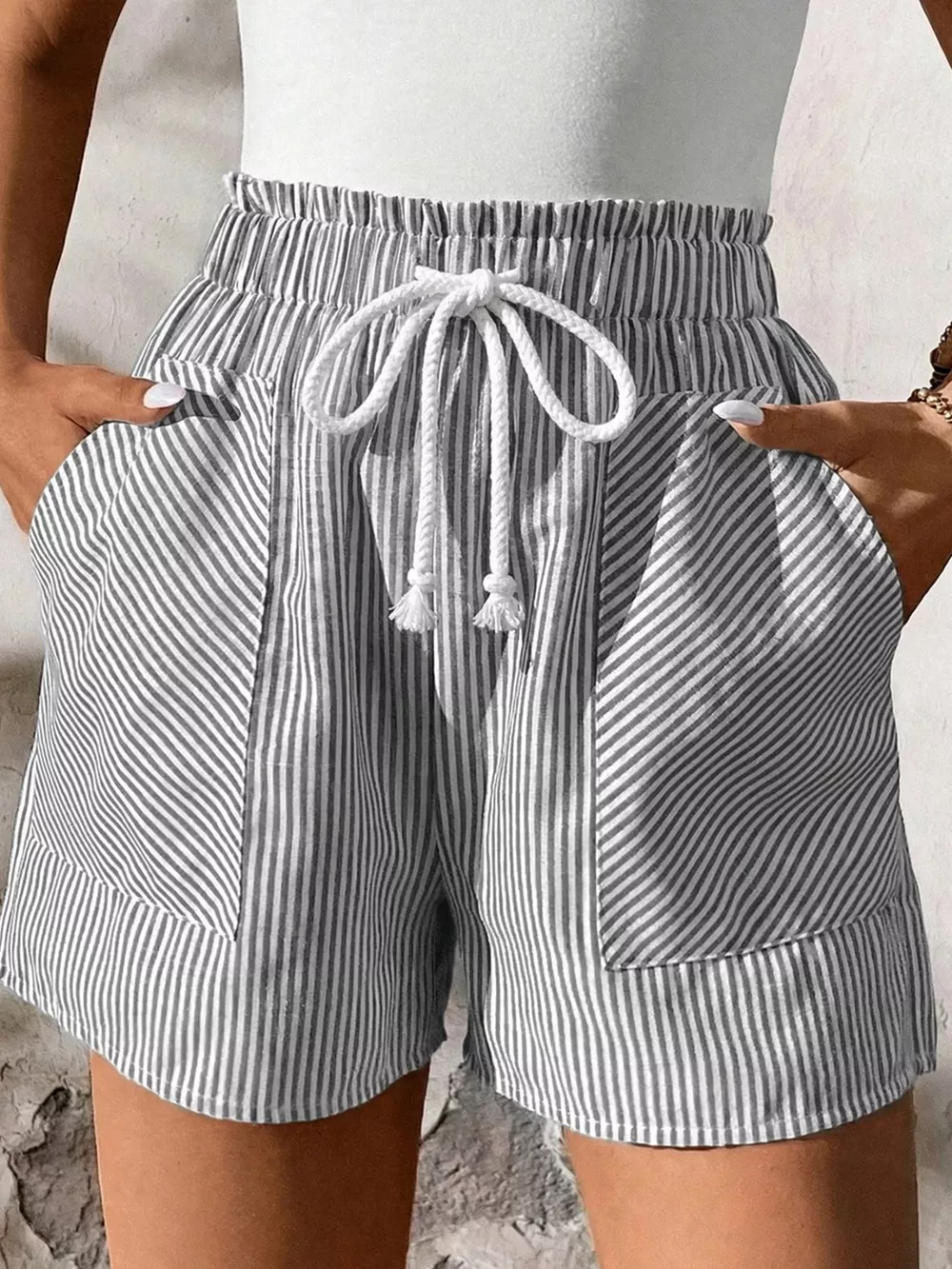 Striped Elastic Waist Drawstring Shorts, image 2