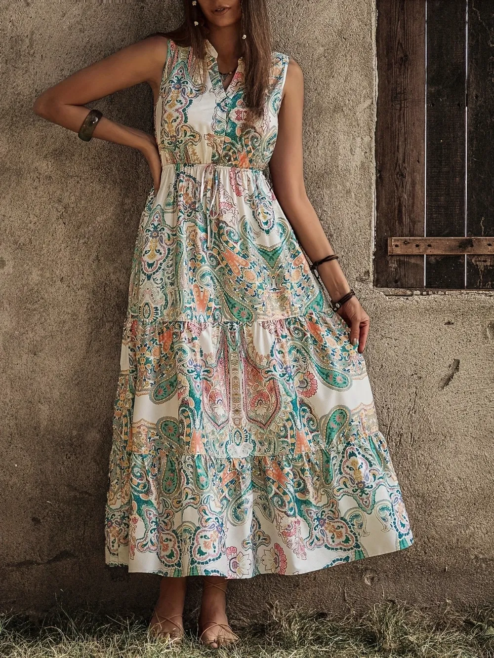 Printed Notched Sleeveless Dress, image 3