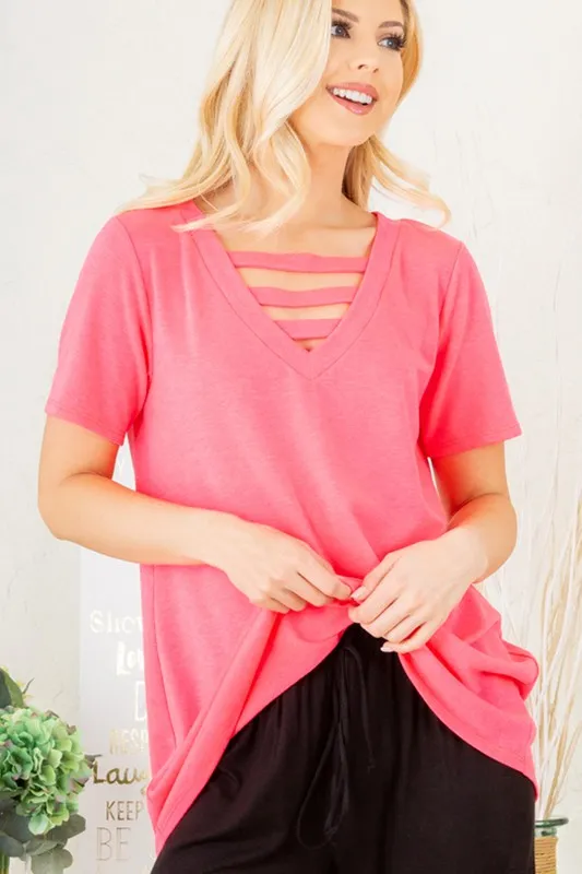 Full Size V-Neck Short Sleeve T-Shirt with Bar Detail Plus Size, image 3