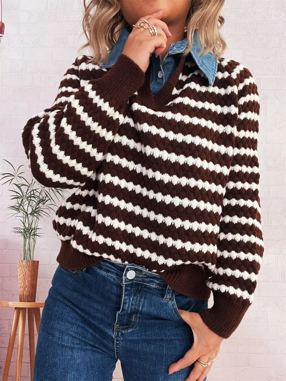 Contrast Striped Sweater with Denim Collar, image 30