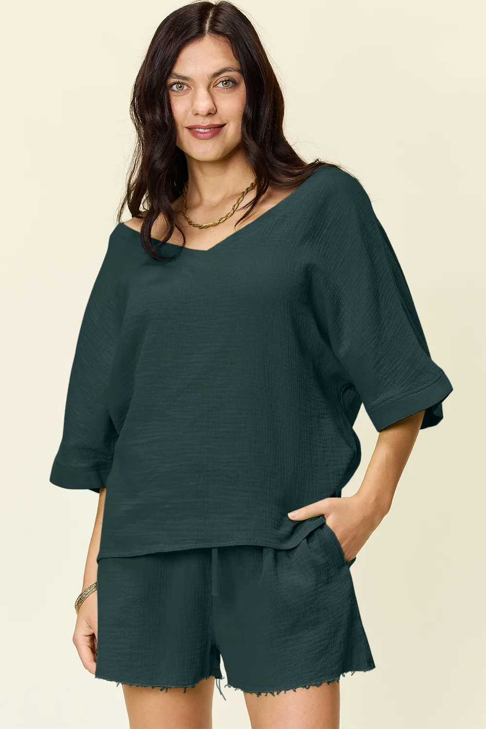 Texture Half Sleeve T-Shirt and Drawstring Shorts Set, image 3