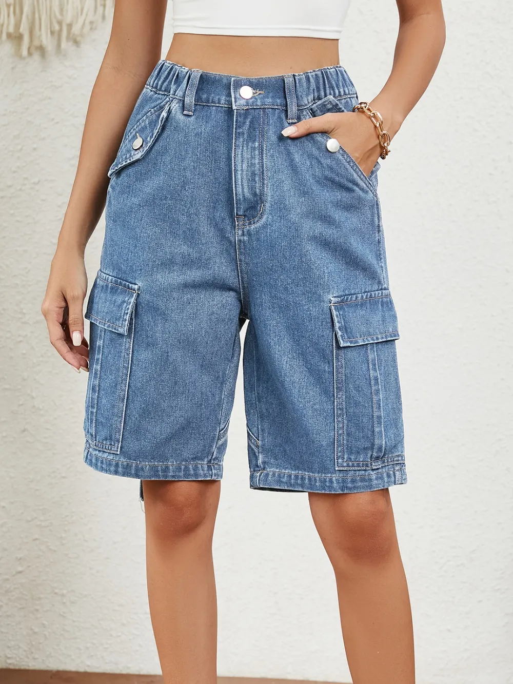 High Waist Denim Shorts with Pockets, image 3