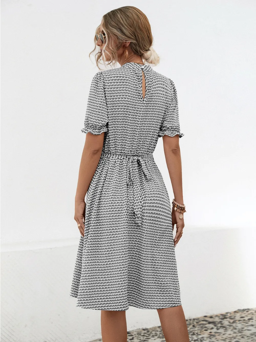 Printed Mock Neck Flounce Sleeve Dress, image 2