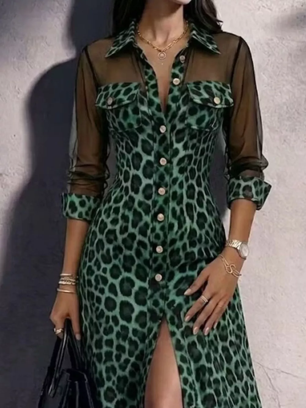 Full Size Leopard Print Sheer Mesh Panel Button-Down Maxi Dress Plus Size, image 8