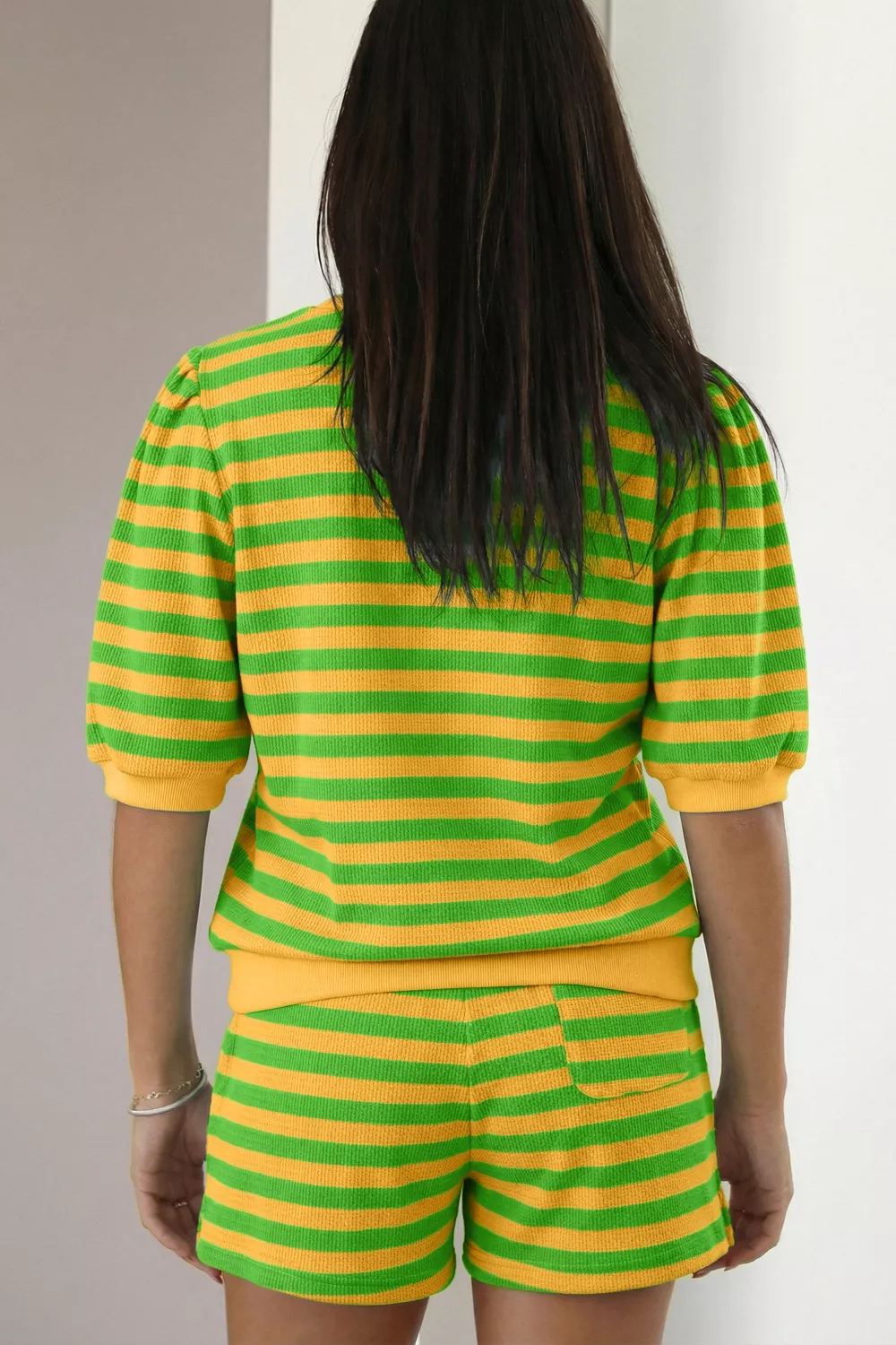 Striped Puff Sleeve Top and Drawstring Shorts Set, image 2