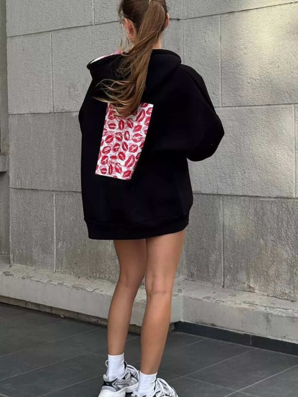 Zip Up Oversized Hoodie with Red Lips Print Detail, image 12