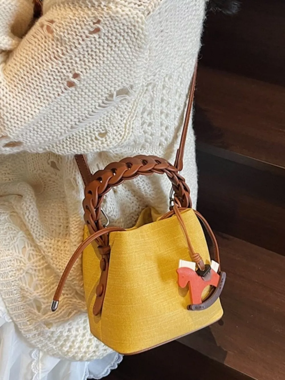 Braided Top Handle Bucket Crossbody Bag, image 7