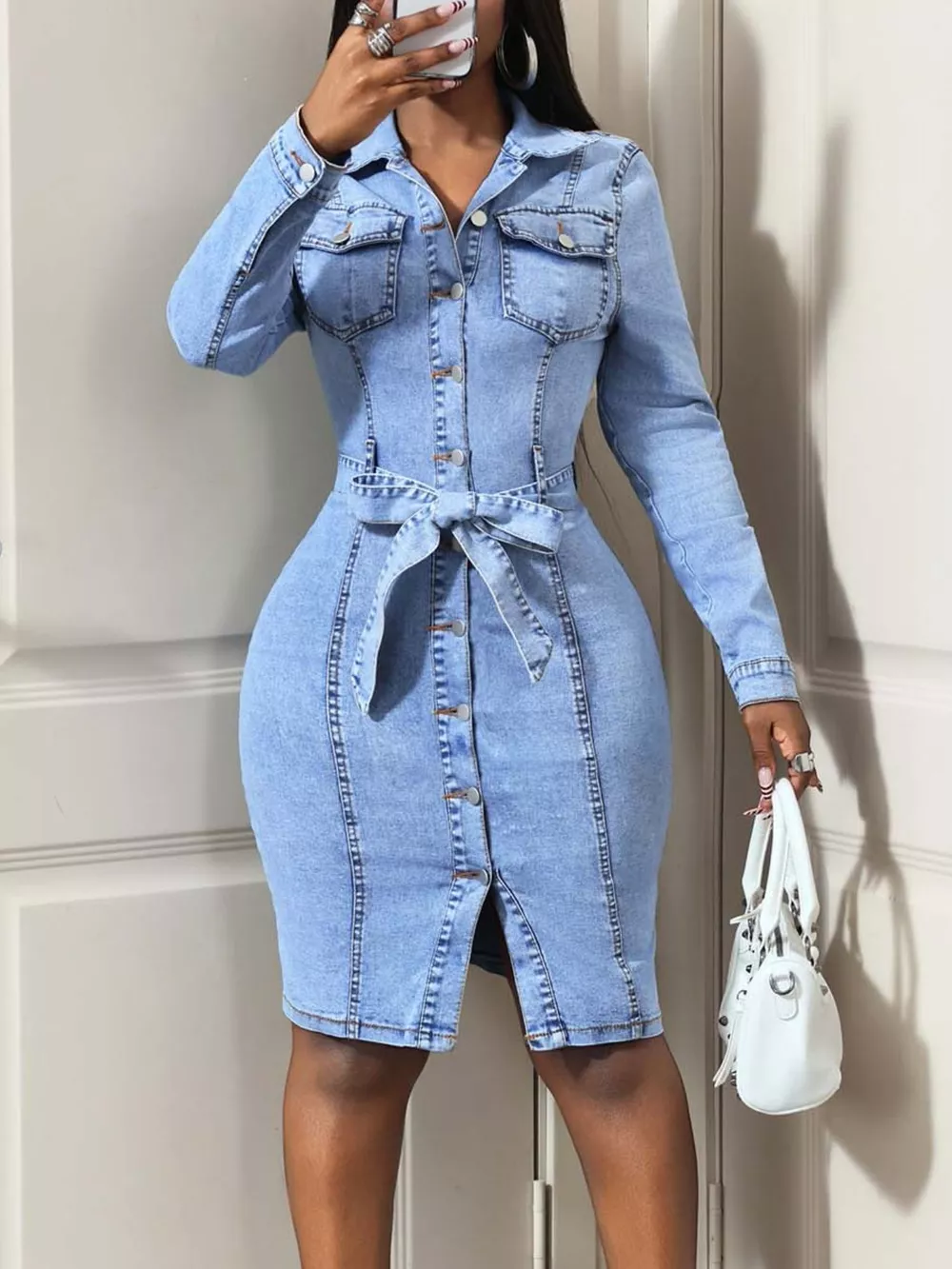 Button-Down Tie Waist Denim Dress, image 4