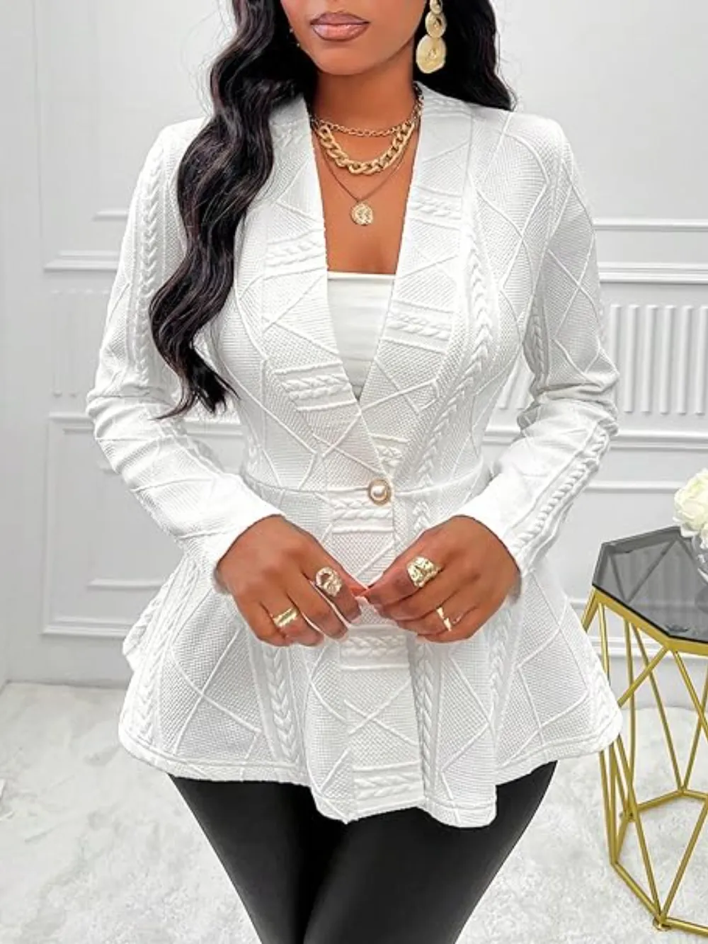 One Button Textured Peplum Cardigan, image 4