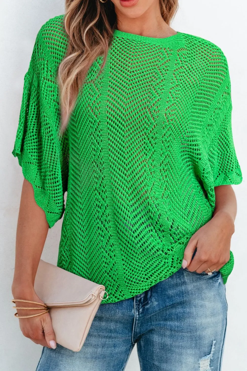 Scallop Edge Half Sleeve Pointelle Knit Top, image 5