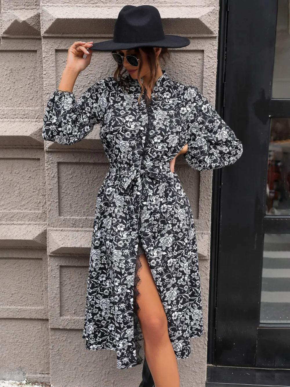 Lace Detail Printed Long Sleeve Midi Dress, image 3