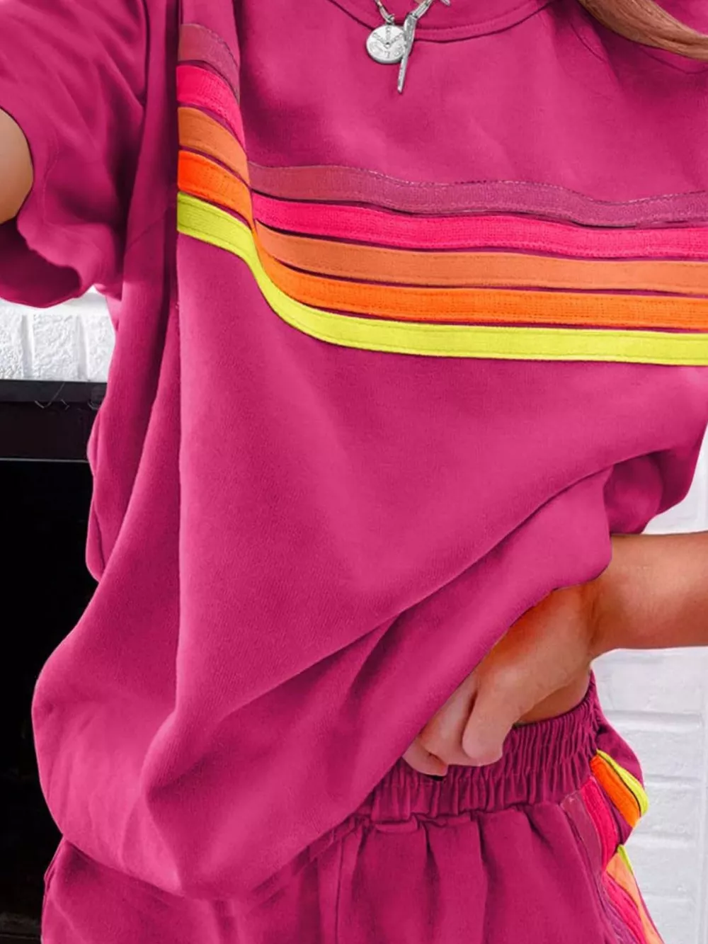 Rainbow Striped Round Neck Top and Shorts Set, image 4