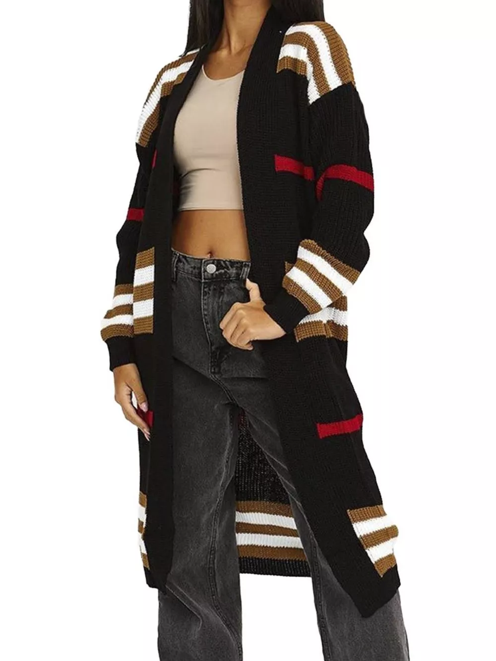 Striped Longline Open Front Cardigan, image 8