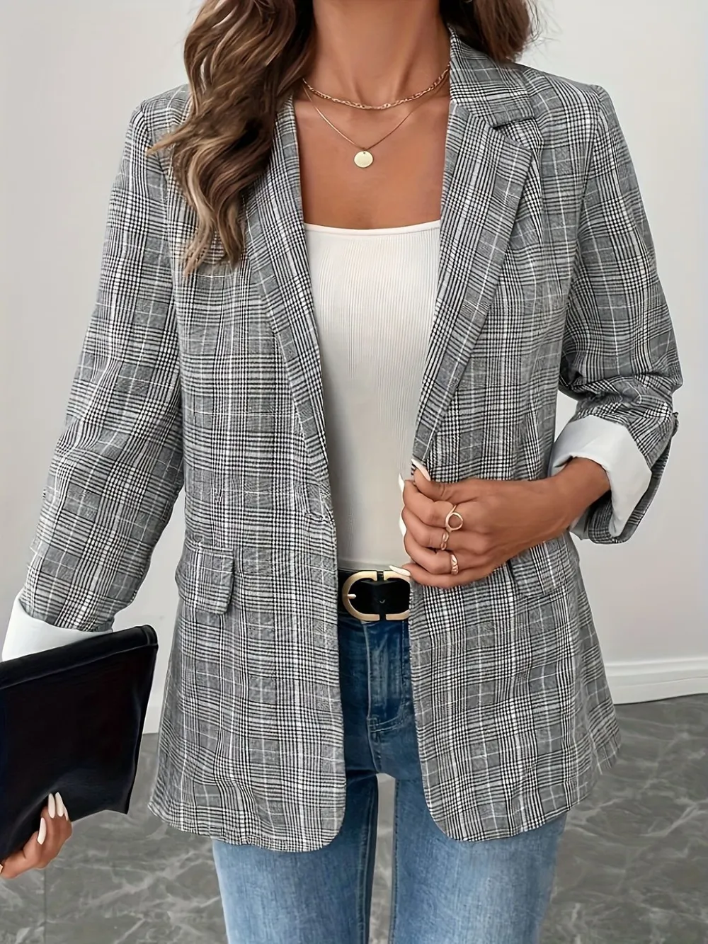 Single-Breasted Lapel Collar Plaid Blazer, image 4