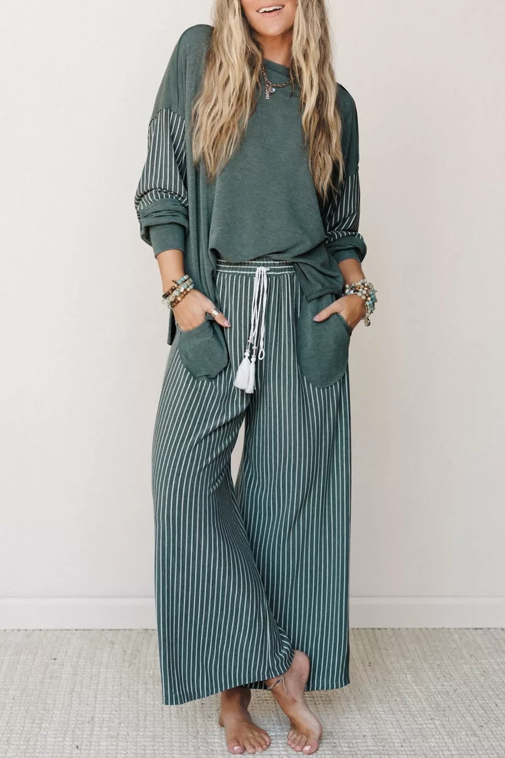 Raw Seam Patchwork Long Sleeve Top Pocket Casual Pants 2pcs Set, image 6