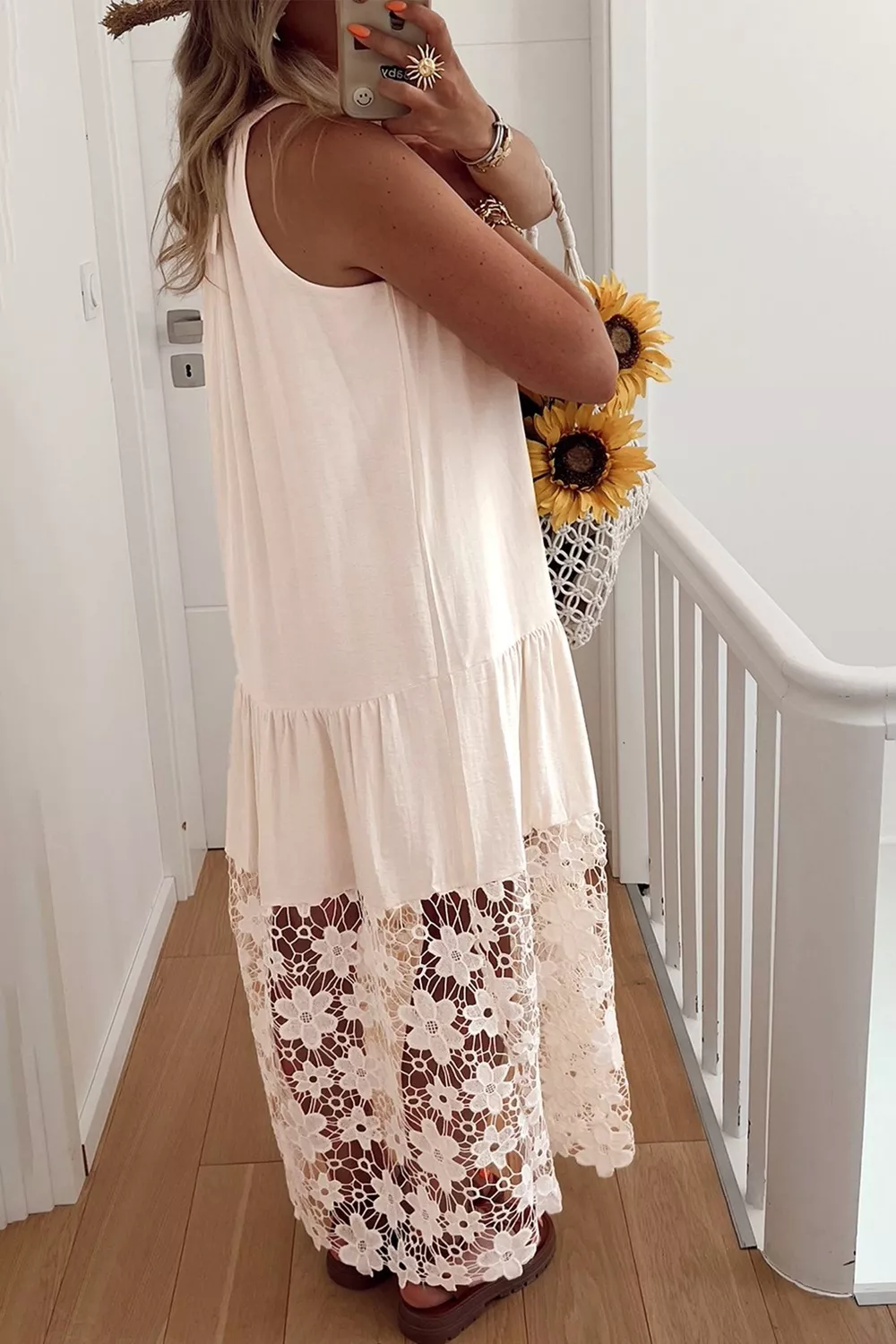 Hollowed Floral Lace Hem Patchwork Loose Halter Summer Dress, image 2