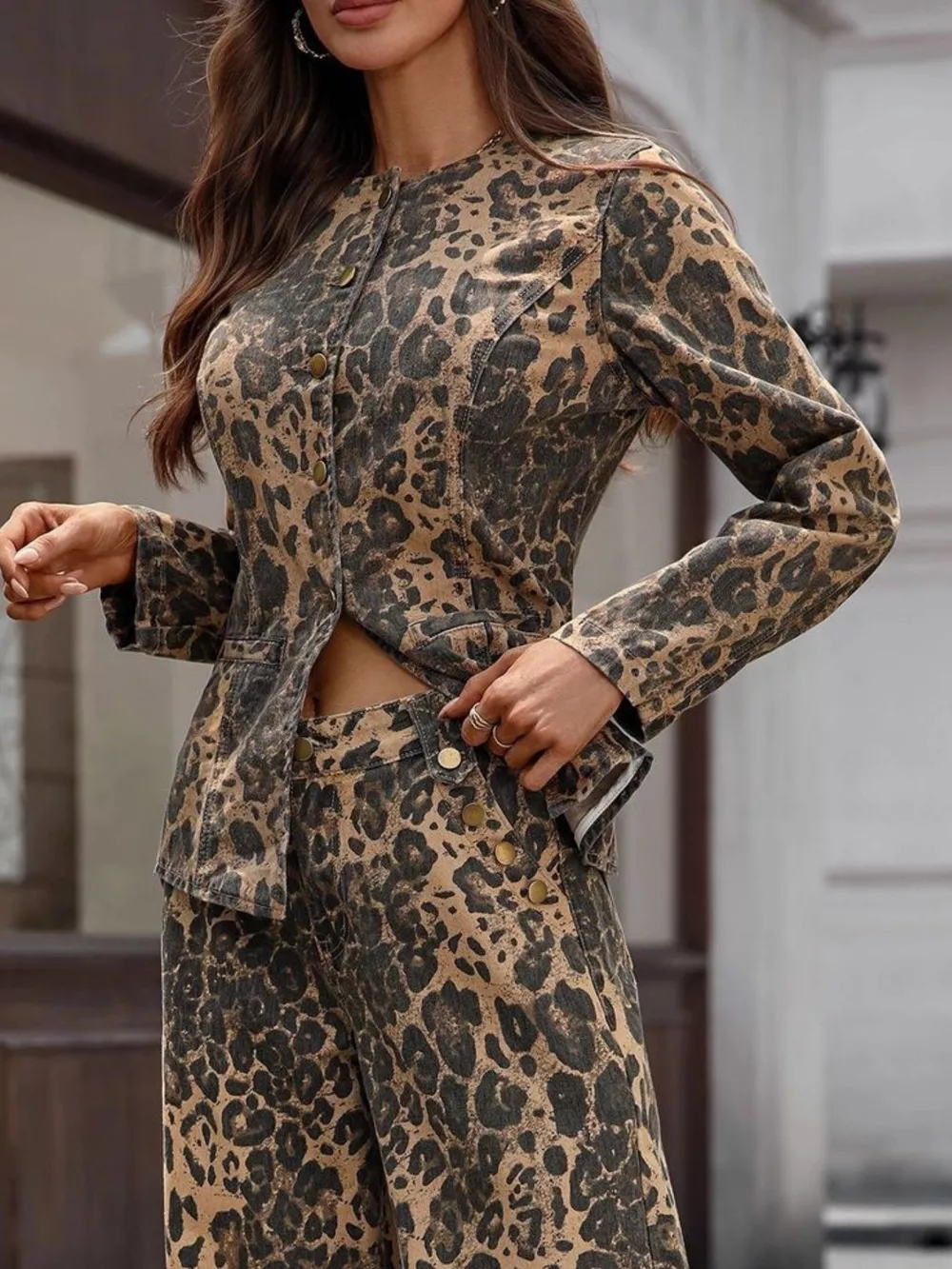 Leopard Button Up Long Sleeve Denim Shirt, image 2