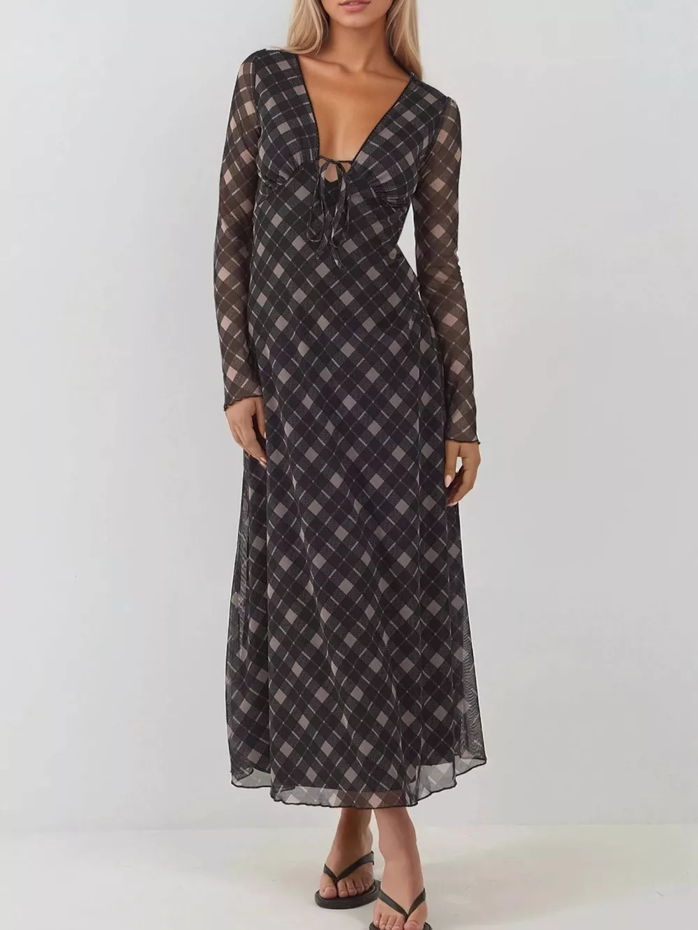 Tie Front Plaid Long Sleeve Dress, image 3