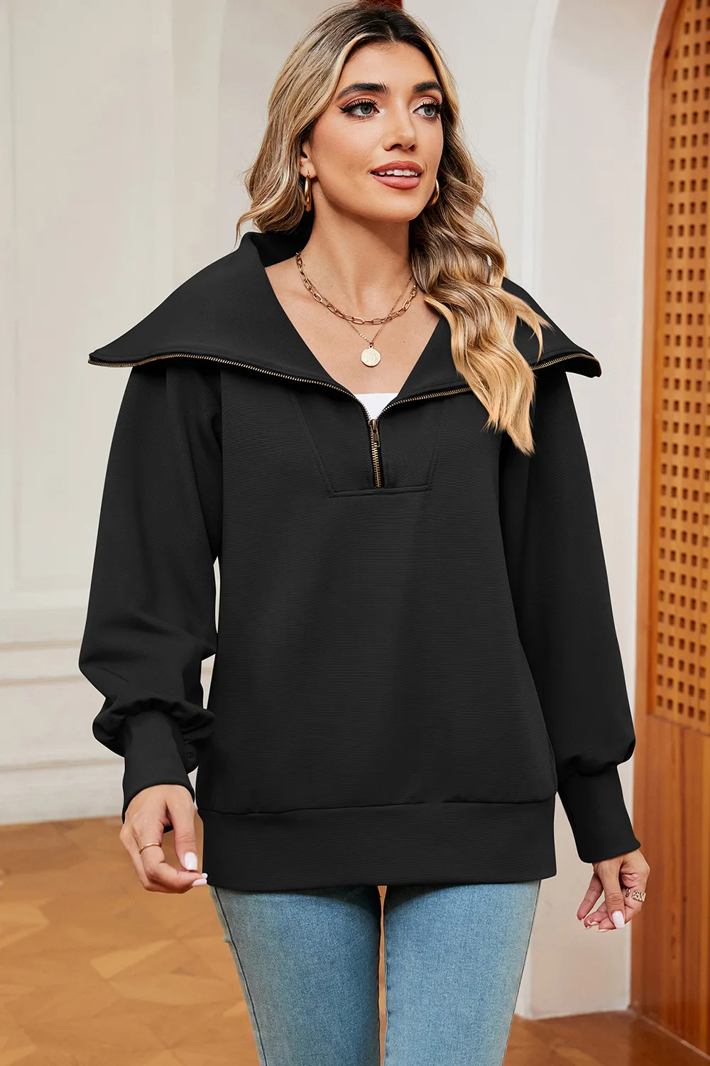 Half Zip Lantern Sleeve Sweatshirt, image 7