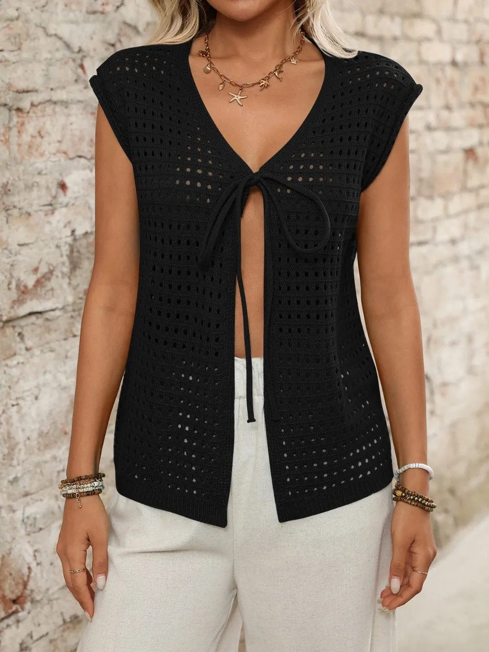 Tied Front Openwork V-Neck Knit Top, image 3