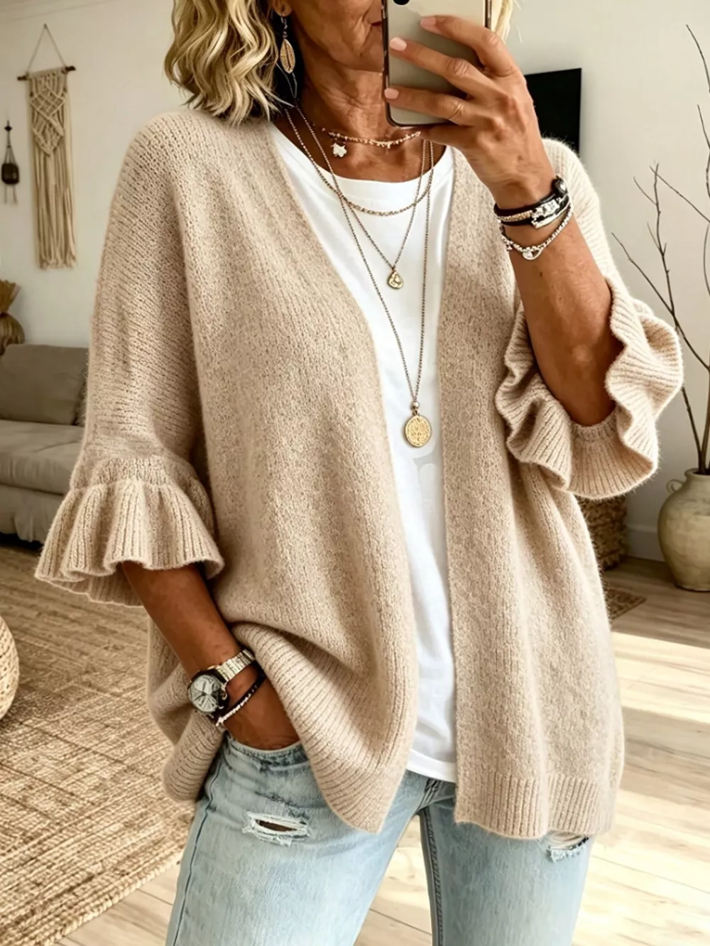 Full Size Ruffle Sleeve Open-Front Cardigan Plus Size, image 12