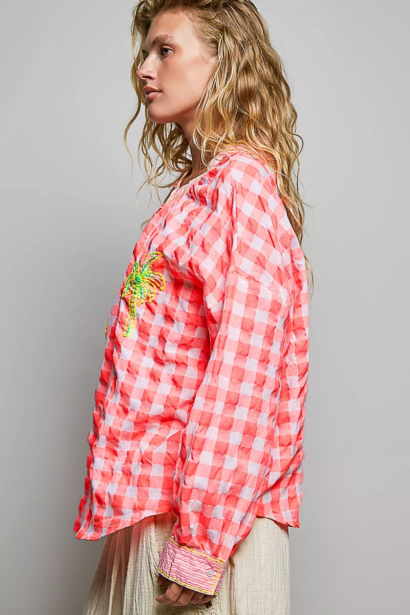POL Gingham Embroidered Palm Tree Blouse, image 2