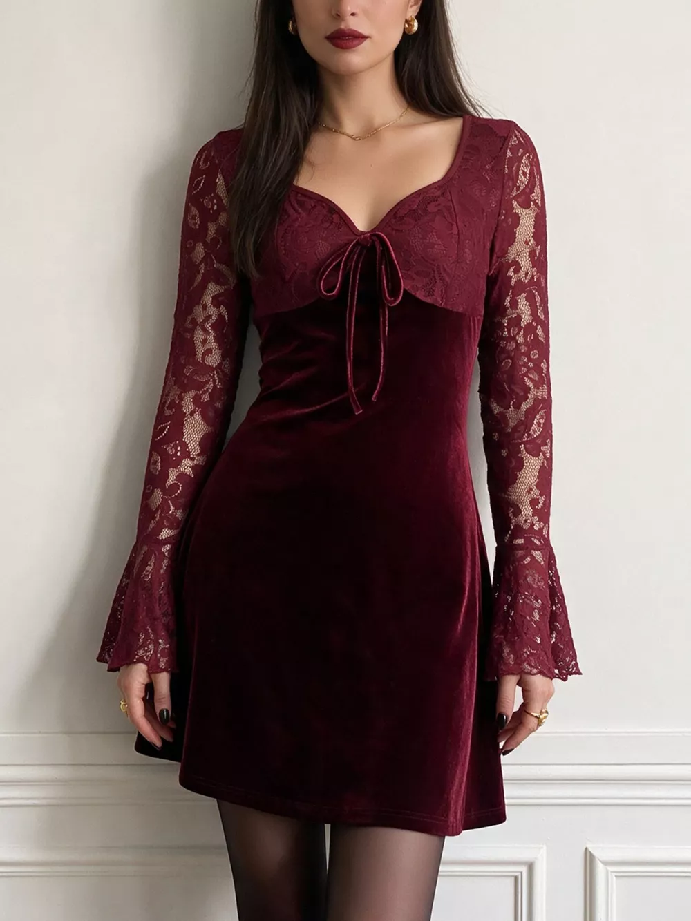 Lace Flare Sleeve Mini Dress, image 3