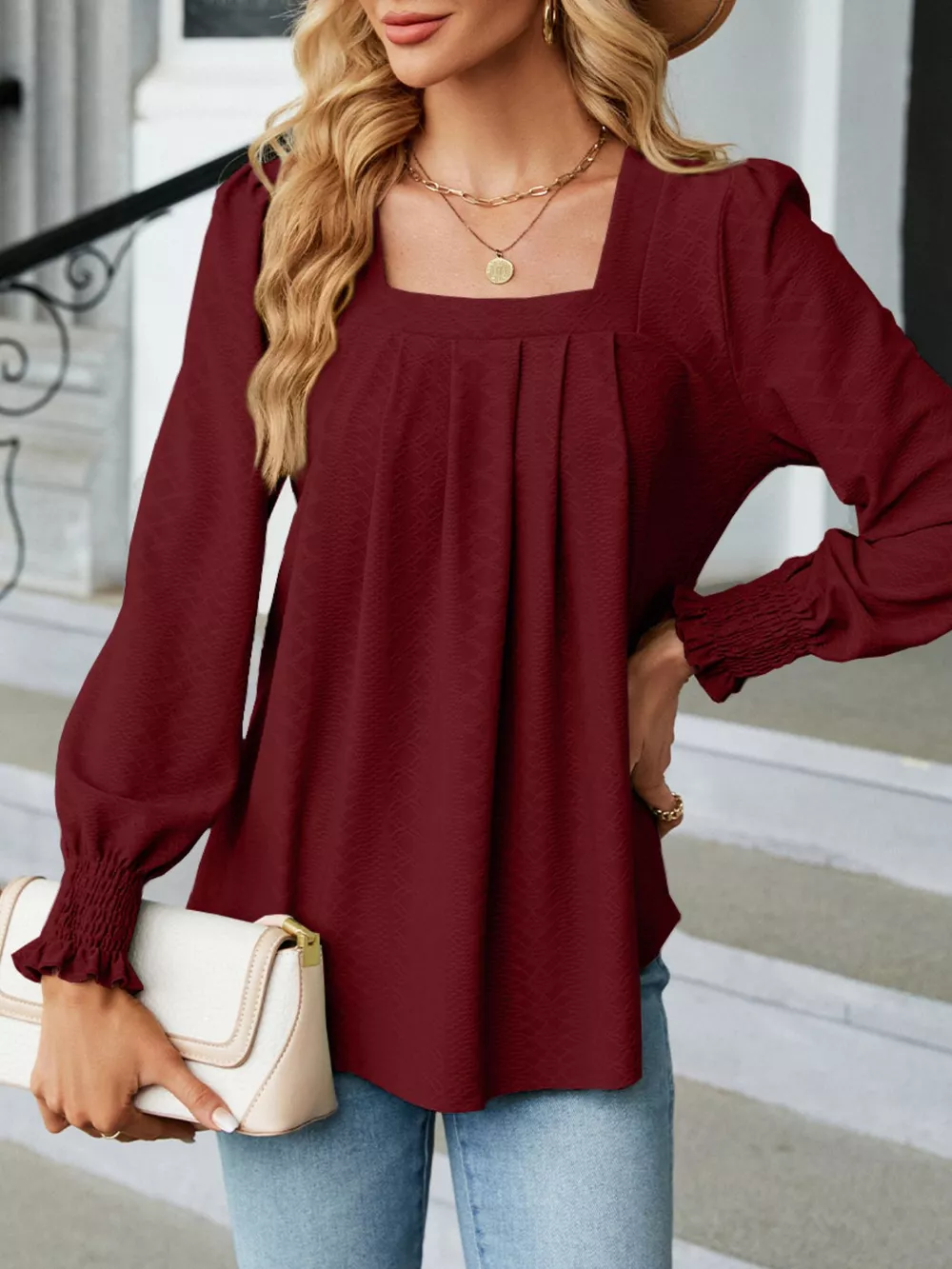 Pleated Square Neck Long Sleeve Top, image 8