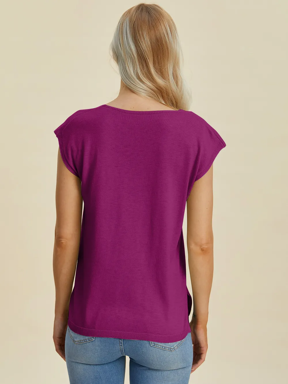 Full Size Notched Cap Sleeve Knit Top, image 2