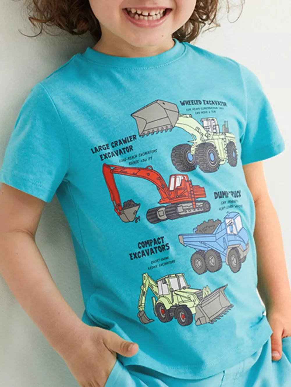 Children's Excavator Print Round Neck T-Shirt