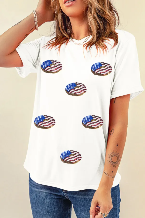 Sequined Flag Round Neck Short Sleeve T Shirt