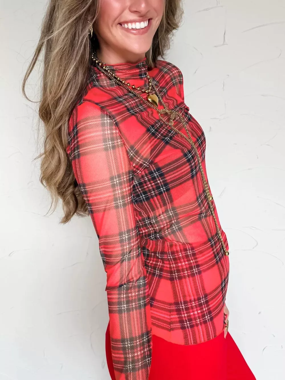 Sheer Plaid Mock Neck Long Sleeve Blouse, image 4