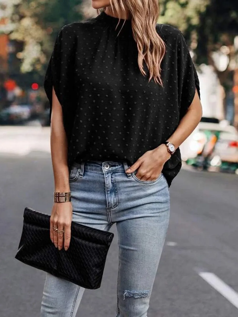 Swiss Dot Mock Neck Half Sleeve Blouse, image 21