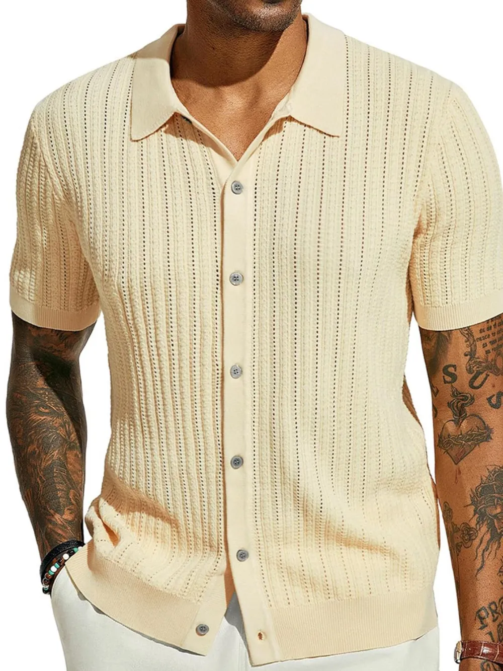 Men's Full Size Openwork Button Down Collared Neck Shirt Plus Size, image 2