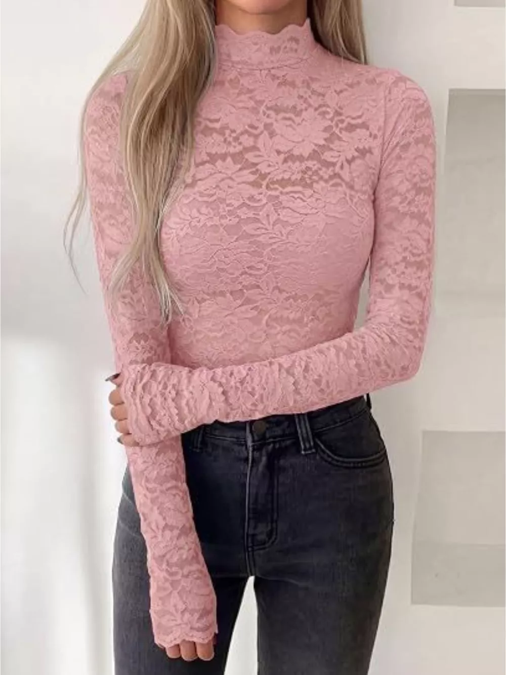 Lace Mock Neck Long Sleeve Top, image 17