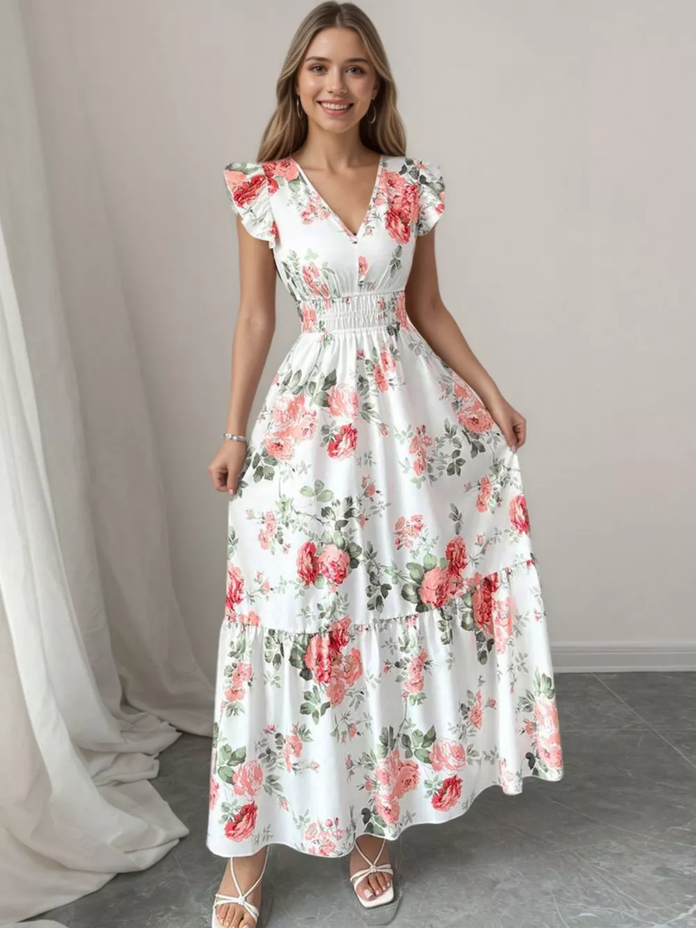 Floral Print Ruffle Sleeve Tiered Maxi Dress, image 2