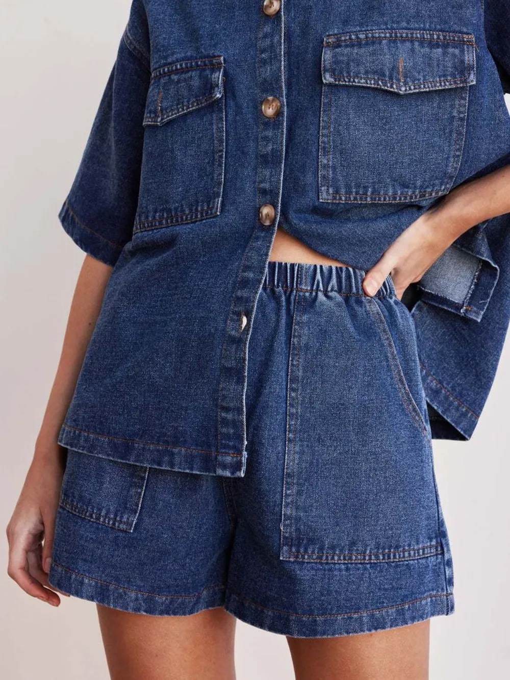 Elastic Waist Denim Shorts, image 2