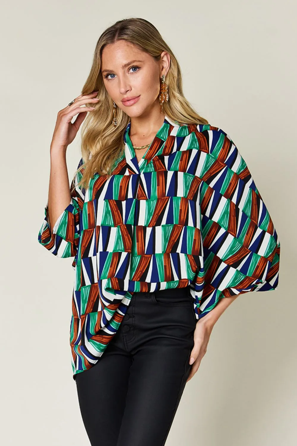 Full Size Geometric Notched Dolman Sleeve Top, image 14