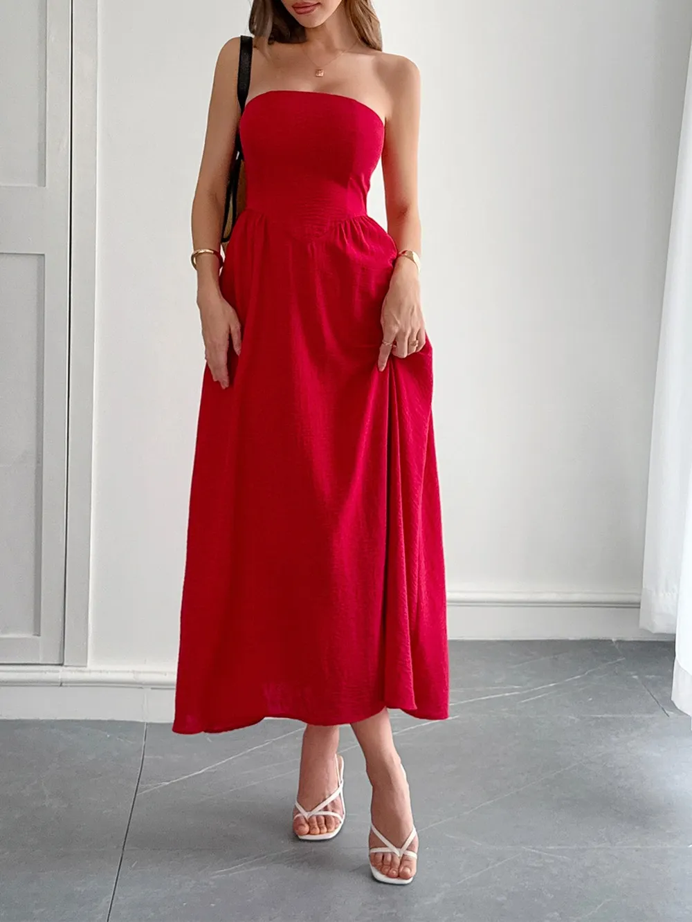Strapless A-Line Midi Dress with Pockets, image 10