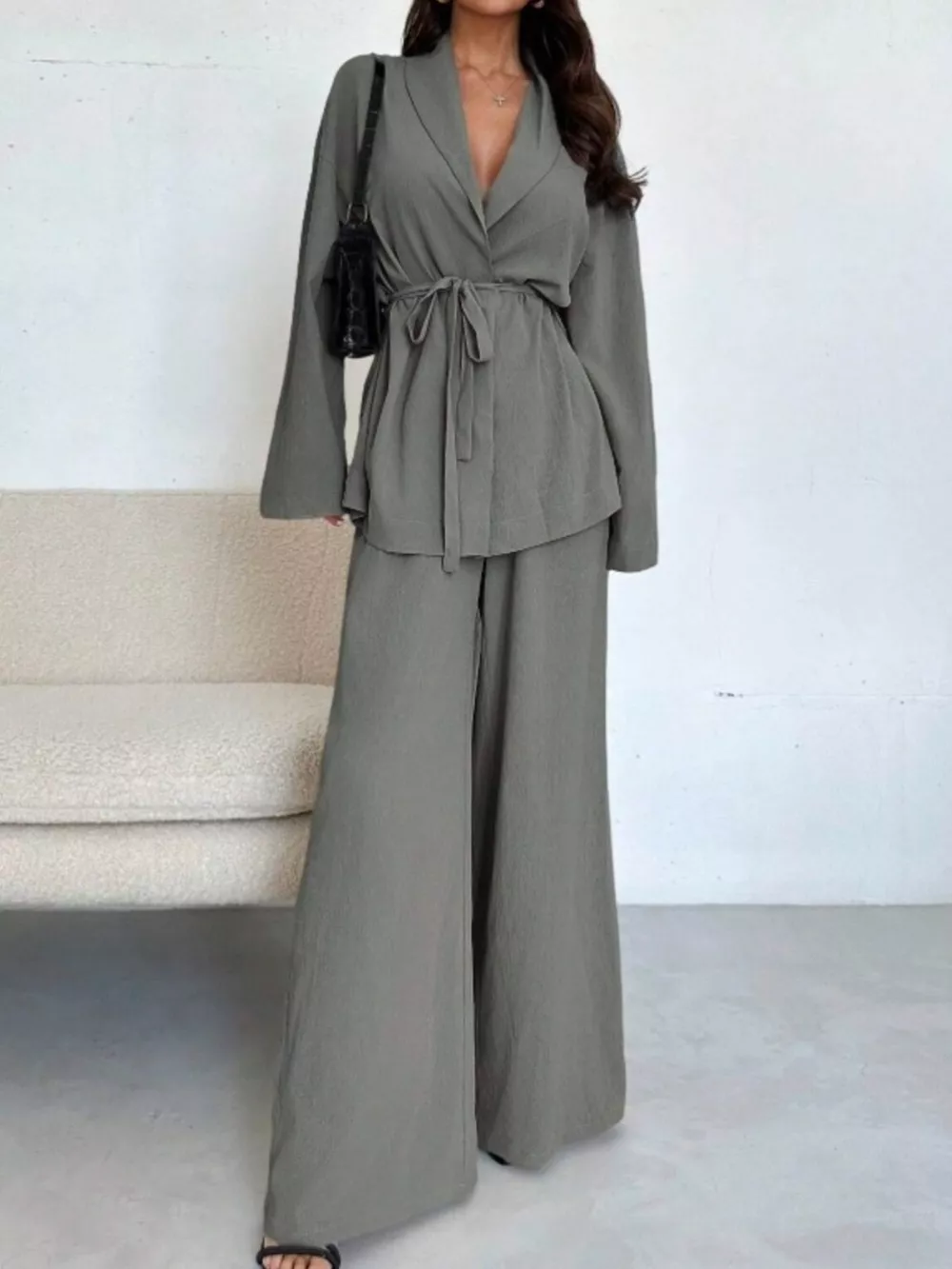 Front Tied Shirt and Wide-Leg Pants Set, image 18