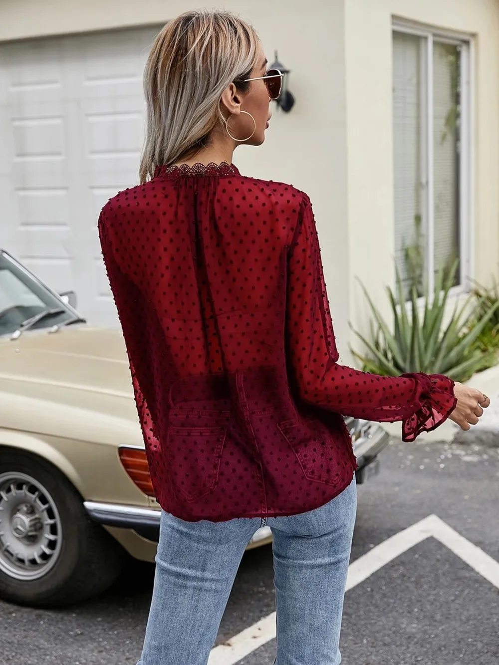 Lace Detail V-Neck Swiss Dot Blouse, image 3