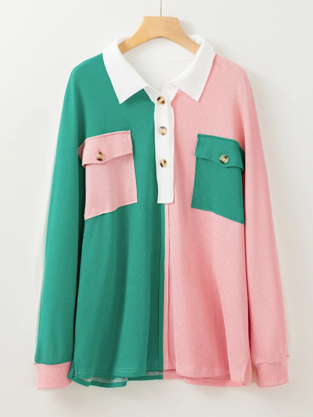 Color Block Button Front Collared Neck Sweatshirt, image 2